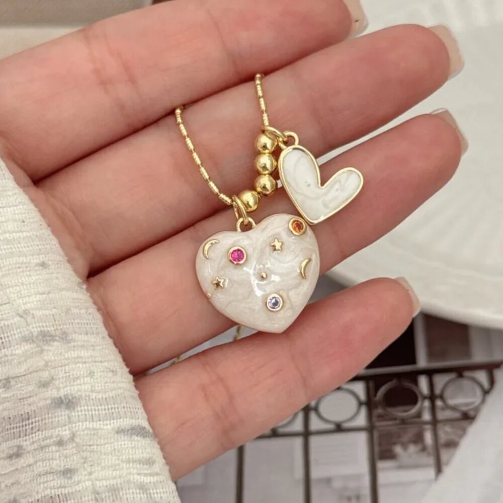 Artistic Enamel Heart Necklace with Zirconia, 18K Gold Plated